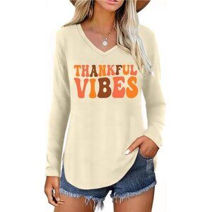 Women’s Thanksgiving V-Neck Long Sleeve Shirt - Thankful Fall Blouse Tee